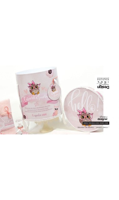 Trusou de botez brodat cu bufnite si anemone pentru fete, Bufnita Petrecareata 26